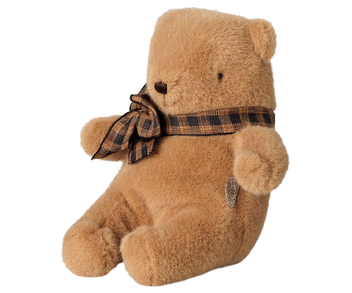 Maileg mini teddy bear plush in mushroom brown with a plaid bow. 