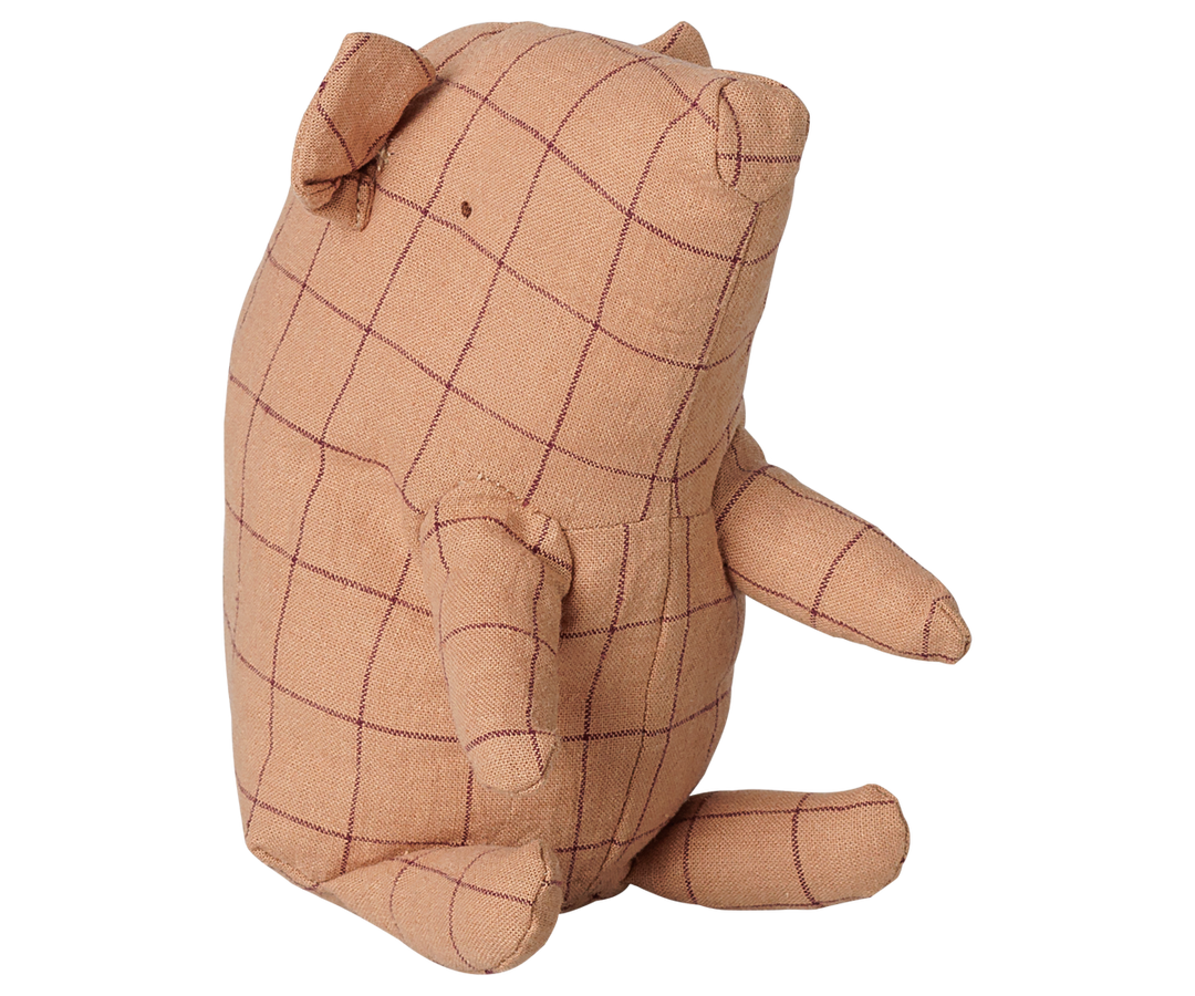 Maileg mini truffle pig stuffed animal in pink checkered fabric with floppy ears and a curly tail