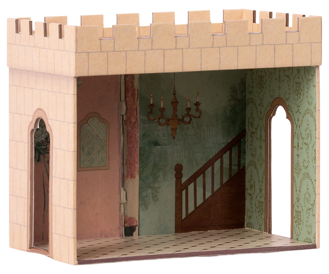 Maileg Mouse Castle Hall with illustrated staircase, arched windows, and castle walls for Maileg mice. 