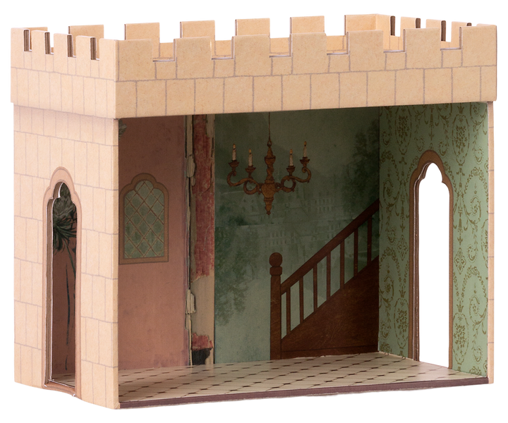 Maileg Mouse Castle Hall with illustrated staircase, arched windows, and castle walls for Maileg mice. 