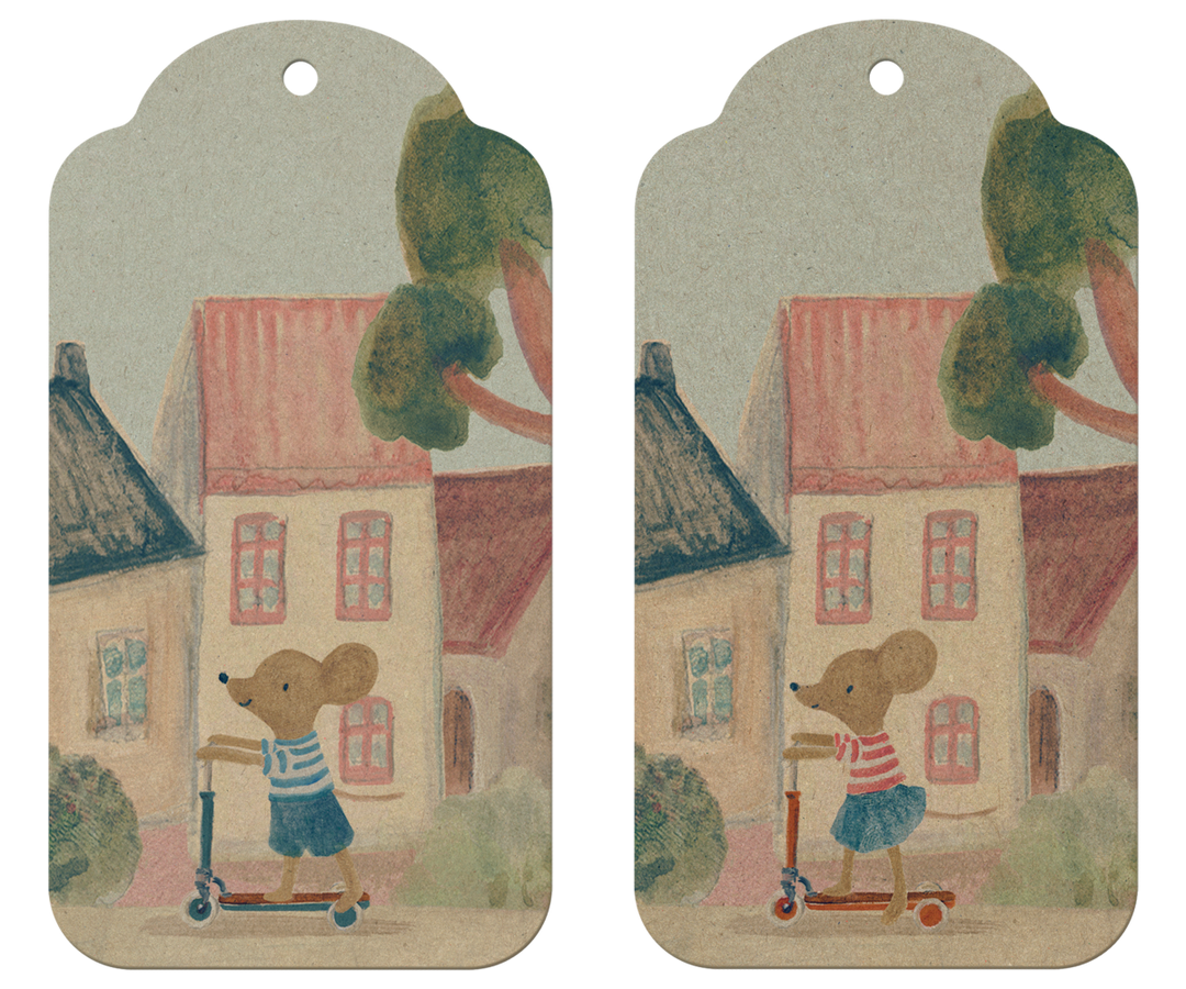 Maileg mouse gift tags featuring two illustrated mice riding scooters through a charming village, set of 12