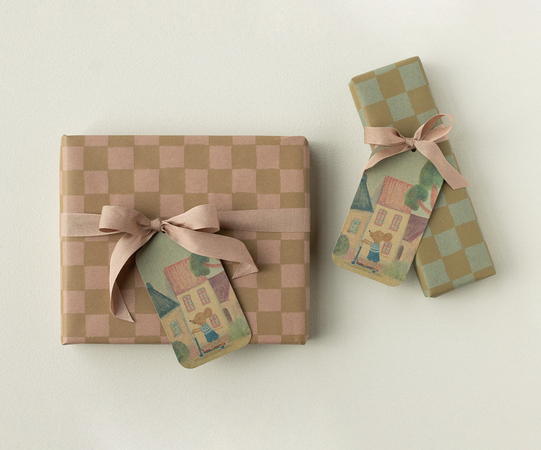 Set of 12 Maileg paper gift tags with whimsical mouse illustrations, perfect for birthday and holiday gift wrapping