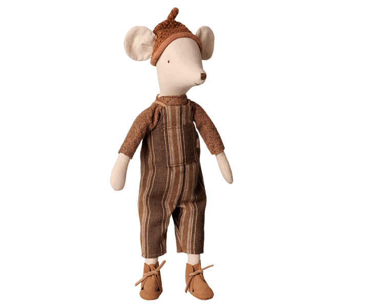 Maileg medium mouse wearing brown striped overalls, sweater, acorn hat, and suede shoes.