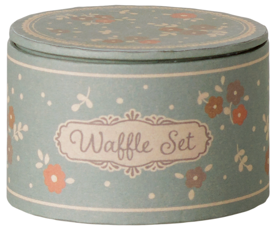 Maileg miniature mouse waffle breakfast set packaged in a decorative round storage box