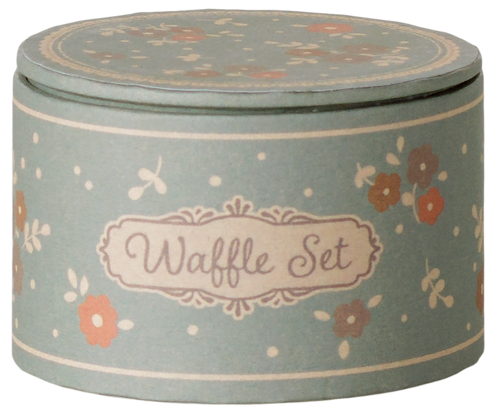 Maileg miniature mouse waffle breakfast set packaged in a decorative round storage box