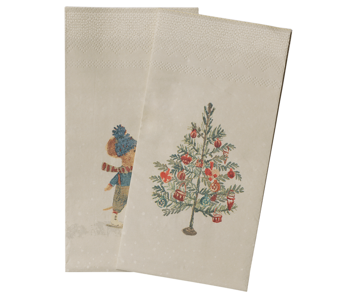 Two beige Maileg paper napkins with a vintage holiday illustration, featuring a mouse in winter clothing and a decorated Christmas tree.