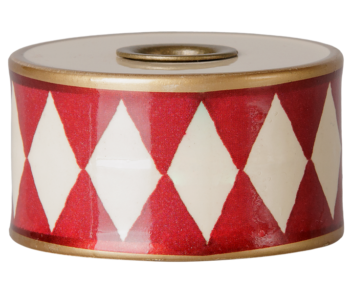 Maileg metal drum candle holder with hand-painted red and off-white diamond design