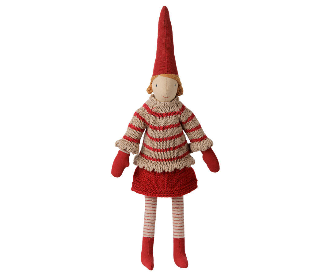 Maileg Pixy Size 2 girl Christmas elf wearing a red and cream striped knitted sweater, red skirt, striped stockings, and a tall red hat