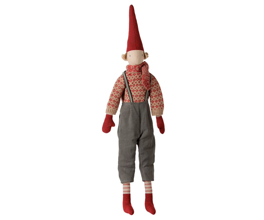 Maileg Pixy size 4 boy wearing a patterned knitted sweater, red scarf, gray overalls, red mittens, and a tall Christmas hat