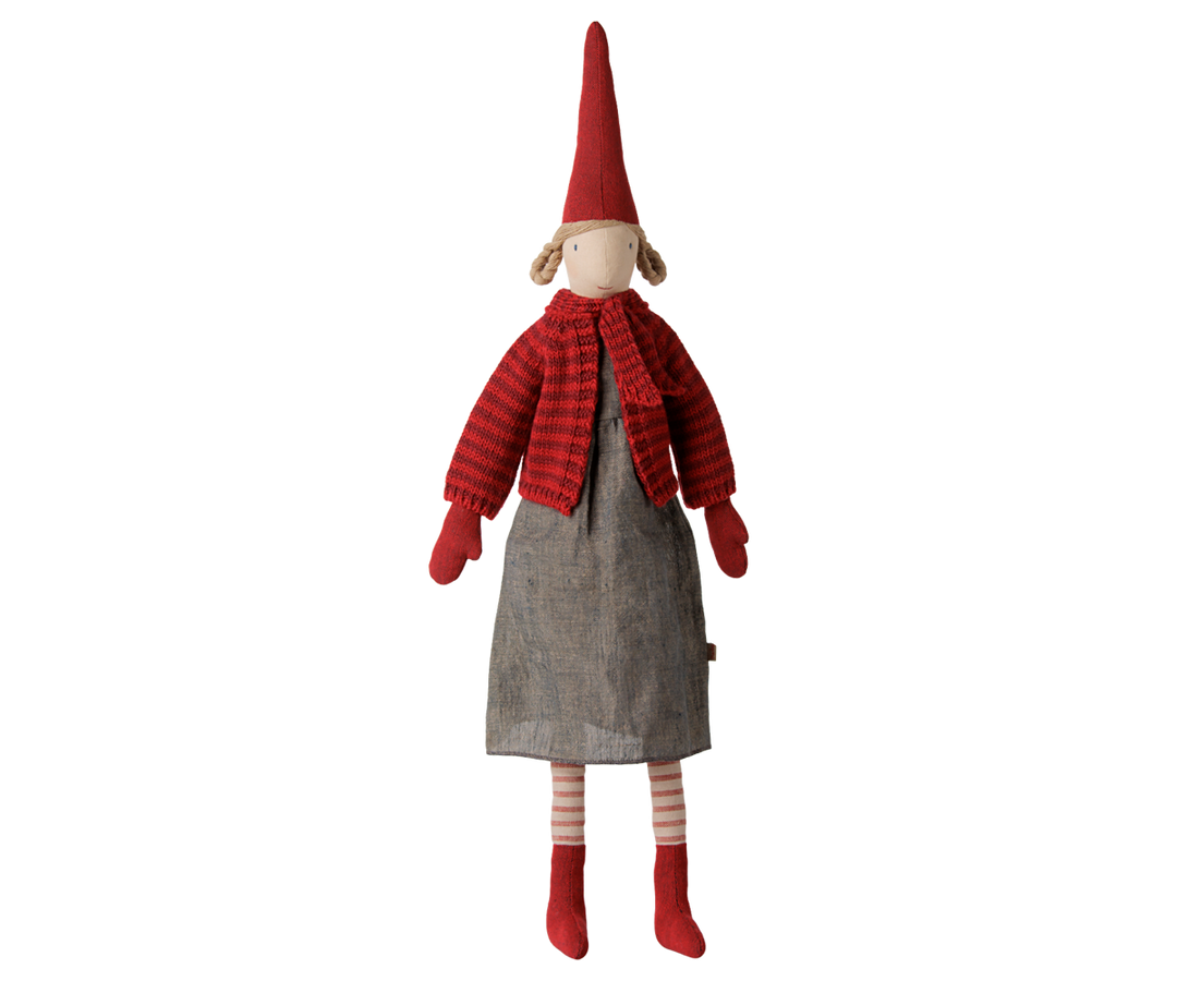Maileg pixy Size 4 girl wearing a red striped knitted cardigan, dress, red mittens, striped stockings, and a tall Christmas hat. 