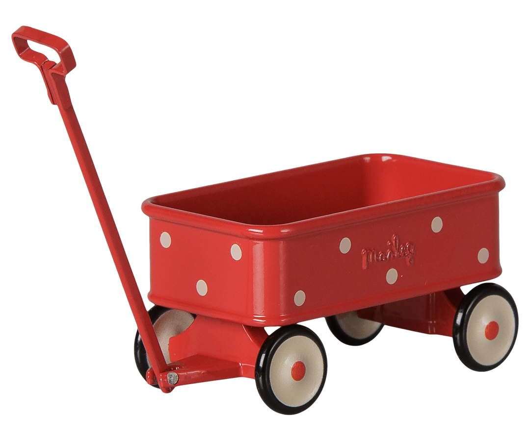 Maileg red metal mouse wagon with white polka dots, four wheels, and a pull handle
