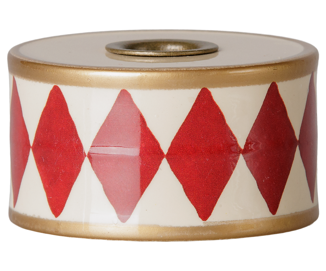 Maileg metal drum candle holder with hand-painted red and off-white diamond design