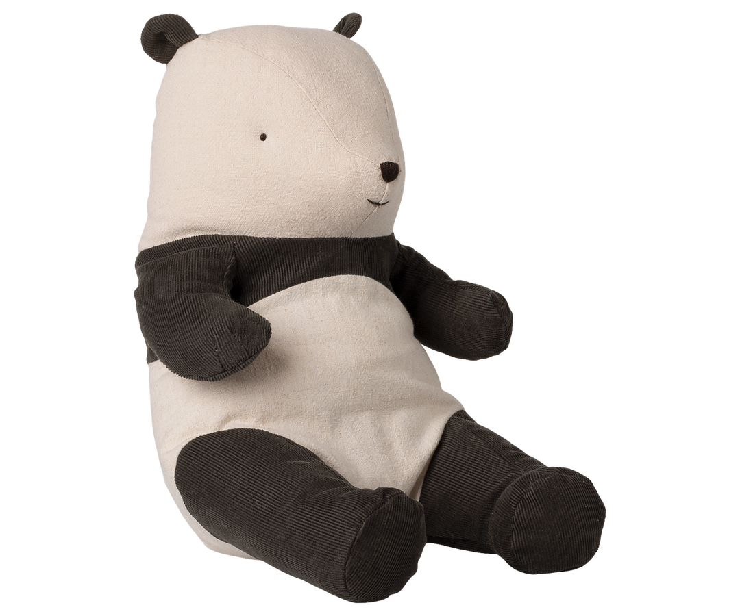 Maileg Safari friends medium panda plush toy with a soft cotton body and black corduroy arms and legs