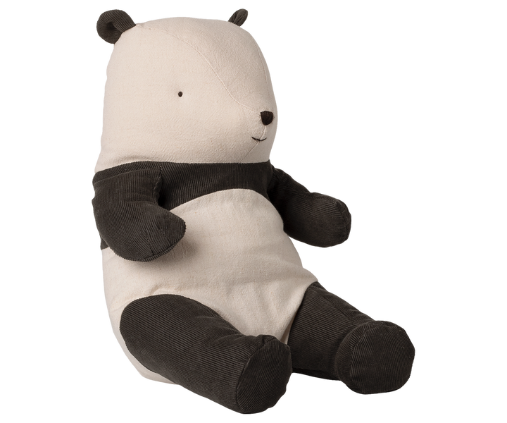 Maileg Safari friends medium panda plush toy with a soft cotton body and black corduroy arms and legs
