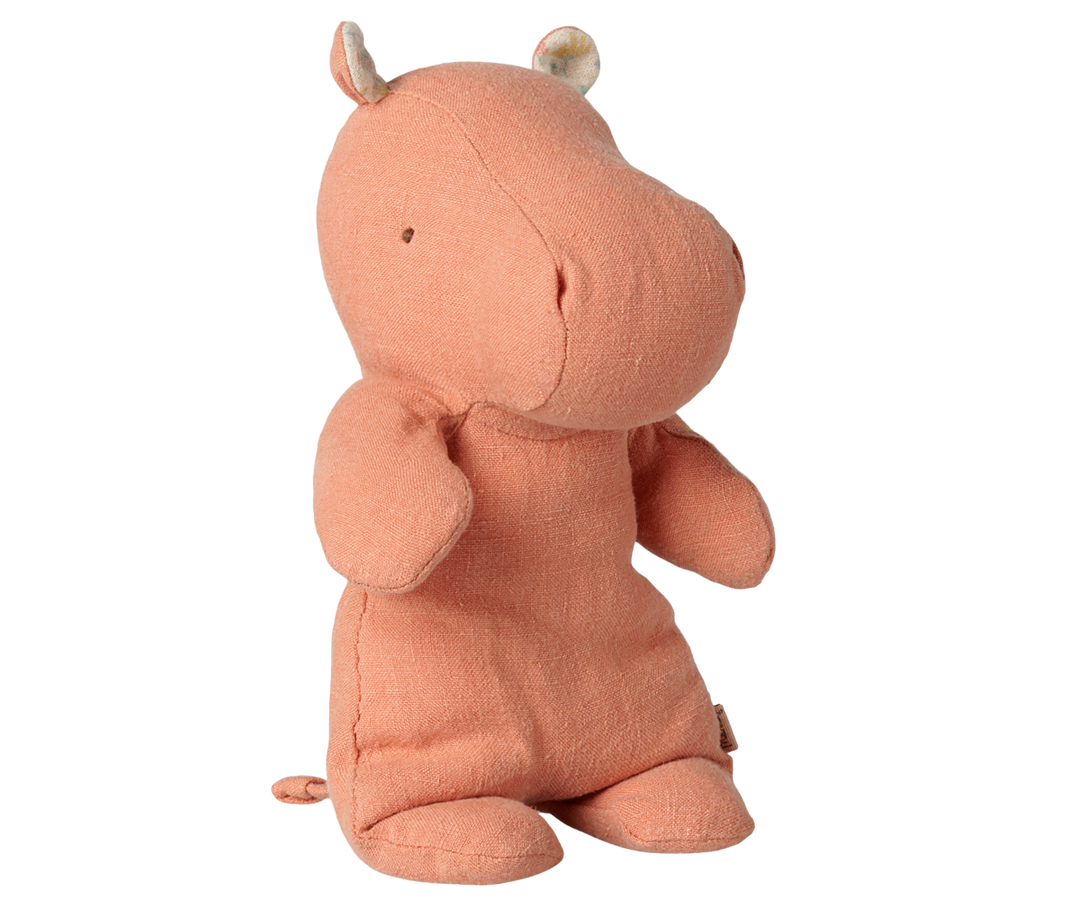 Maileg Safari friends small hippo plush toy in dusty coral pink with floral earsa nd a soft, weighted body