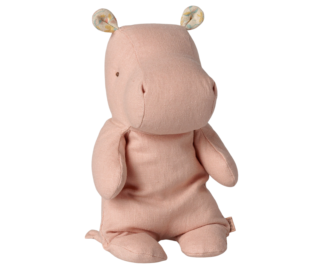 Maileg Safari friends small hippo plush toy in soft rose pink with floral-patterned ears and weighted bottom