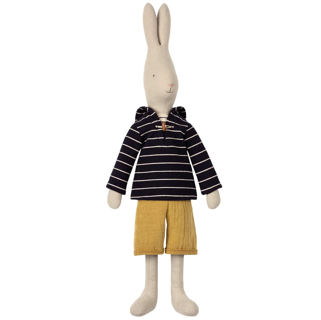 Maileg Size 4 Sailor rabbit wearing a navy striped hoodie and mustard yellow shorts