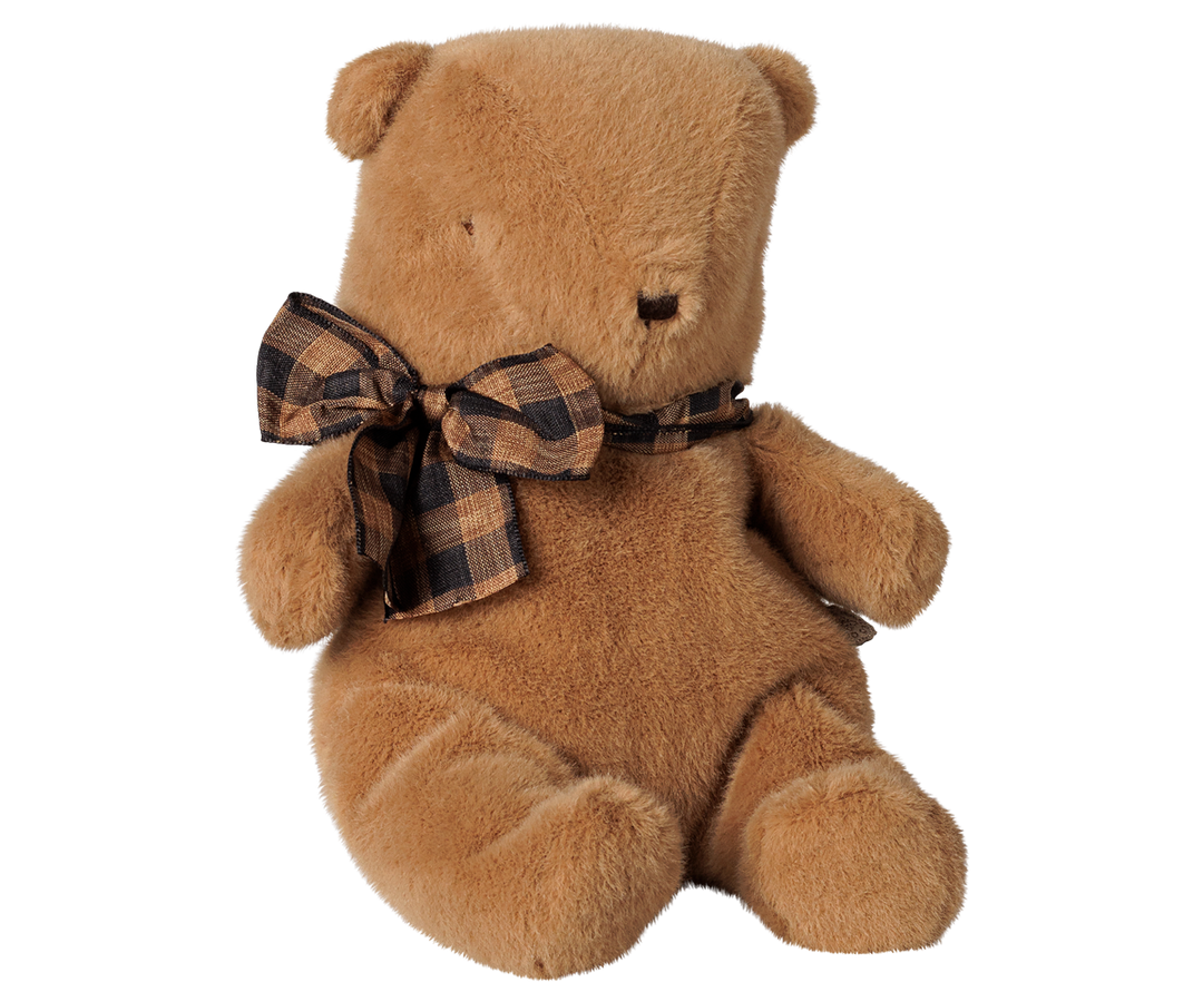 Maileg small mushroom brown plush teddy bear with plaid bow