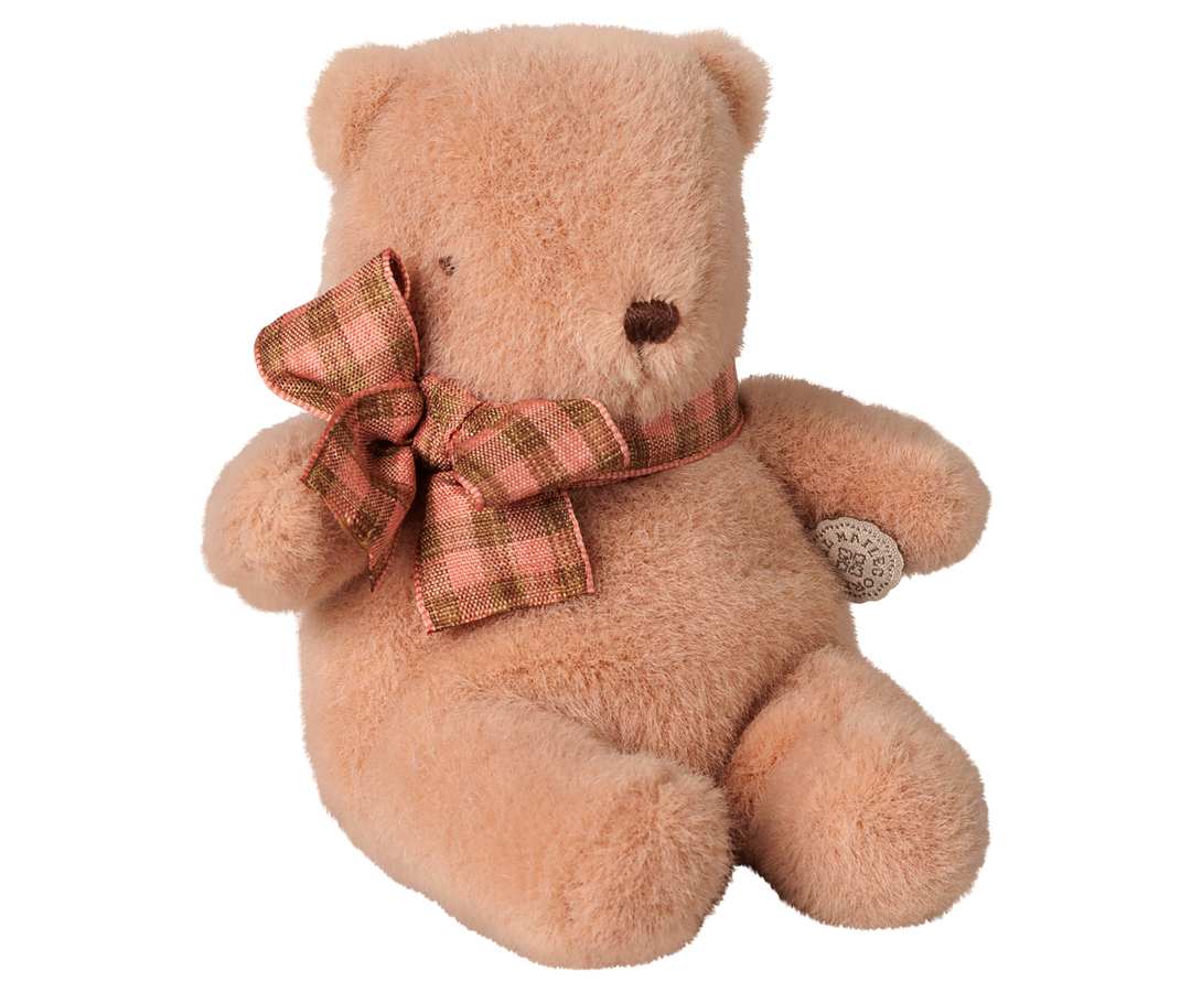 Maileg mini teddy bear plush in vintage rose with a plaid bow