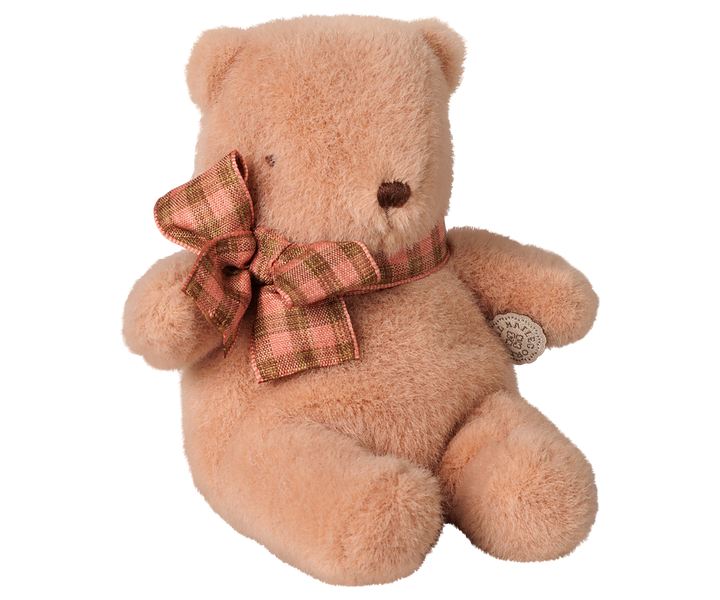 Maileg mini teddy bear plush in vintage rose with a plaid bow