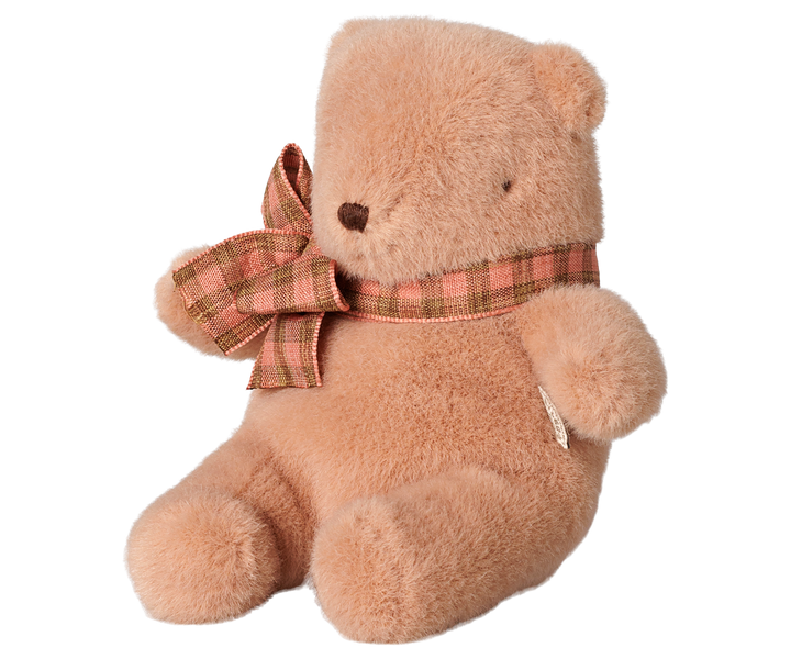 Maileg mini teddy bear plush in vintage rose with a plaid bow