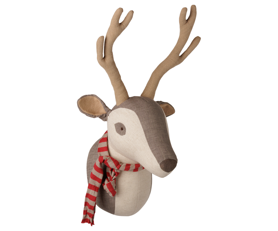 Maileg Trophy Deer in light nature with fabric antlers and red striped scarf, front view