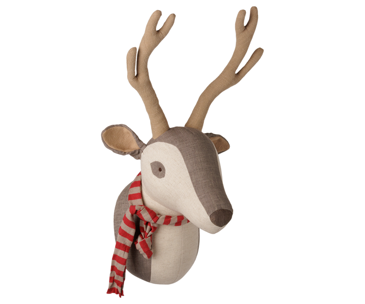 Maileg Trophy Deer in light nature with fabric antlers and red striped scarf, front view