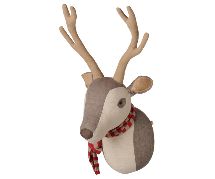 Angled view of Maileg trophy deer showing soft fabric antlers and embroidered details. 