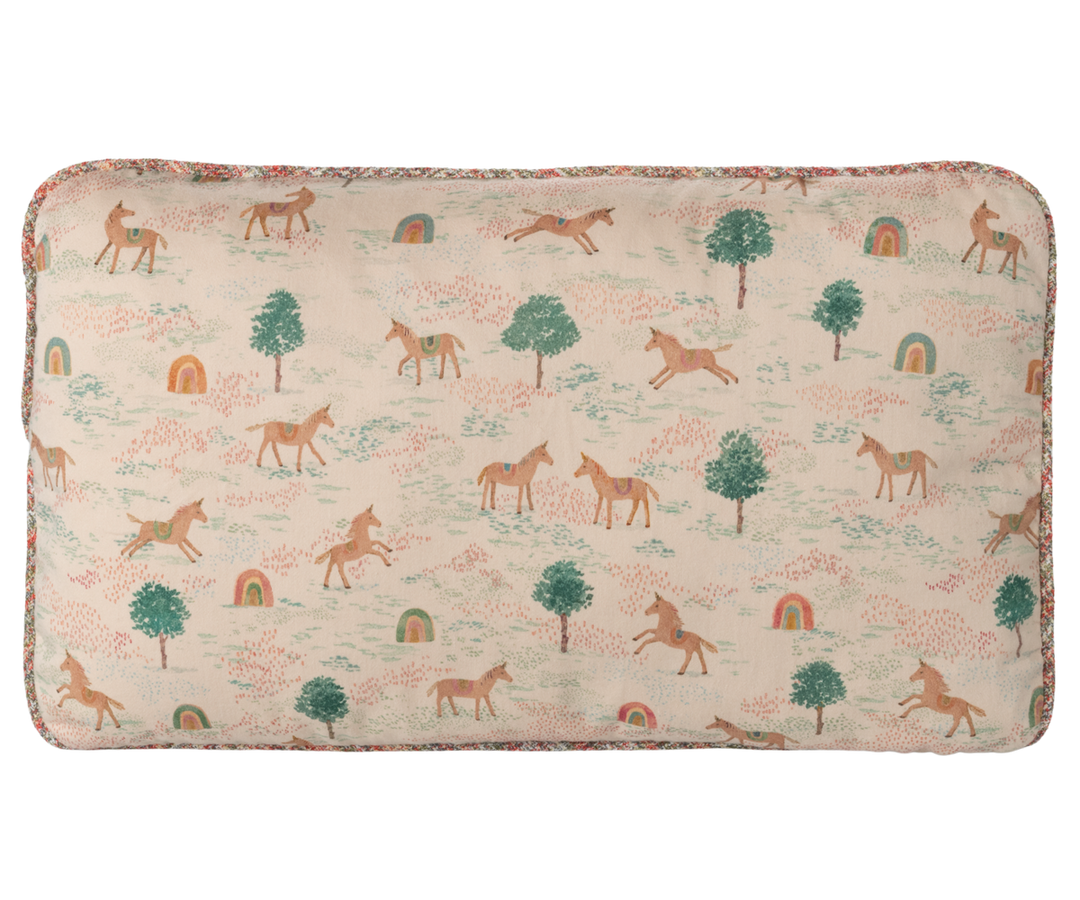 Maileg rectangular unicorn cushion with pastel rainbows, trees, and unicorn print