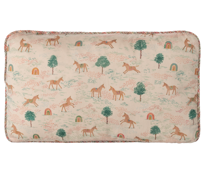 Maileg rectangular unicorn cushion with pastel rainbows, trees, and unicorn print