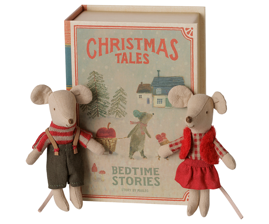 Maileg Little Sister and Brother Christmas mice with Christmas Tales storybook box